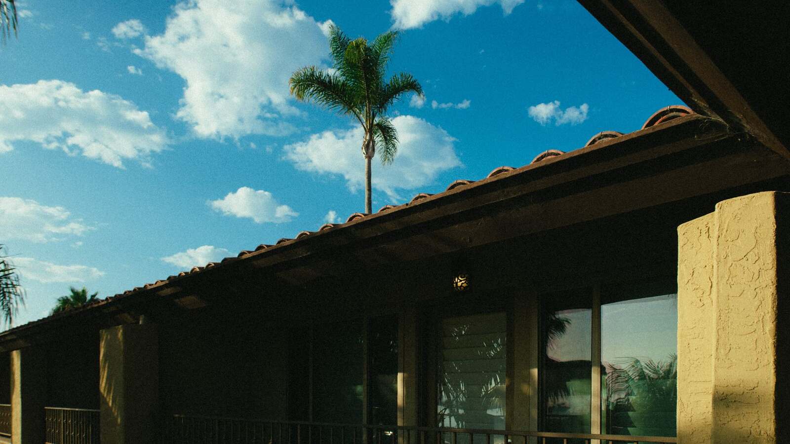 A palm tree leaning over the barrel tile roof of a Florida house under a clear sky