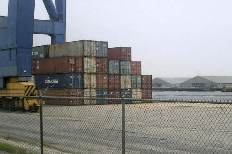 Stacked cargo containers at a port terminal