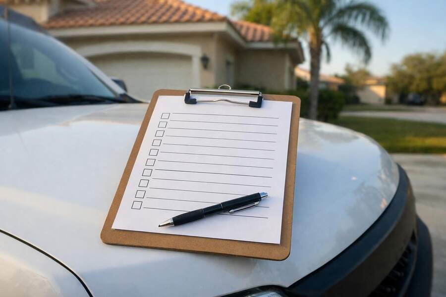 A clipboard with an inspection checklist and pen on the hood of a work truck, a tile-roofed house behind